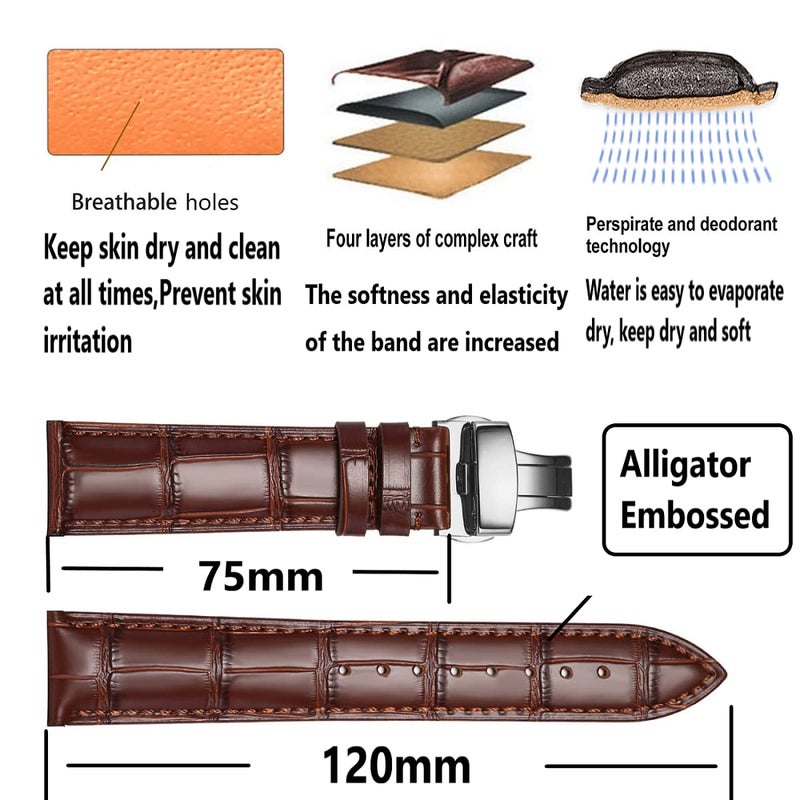 MORANO Moran Genuine Leather Replacement Watch Band Deployment Buckle 18mm 19mm 20mm 21mm 22mm 23mm 24mm Calfskin Watch Strap for Men's and Women's - Image 4